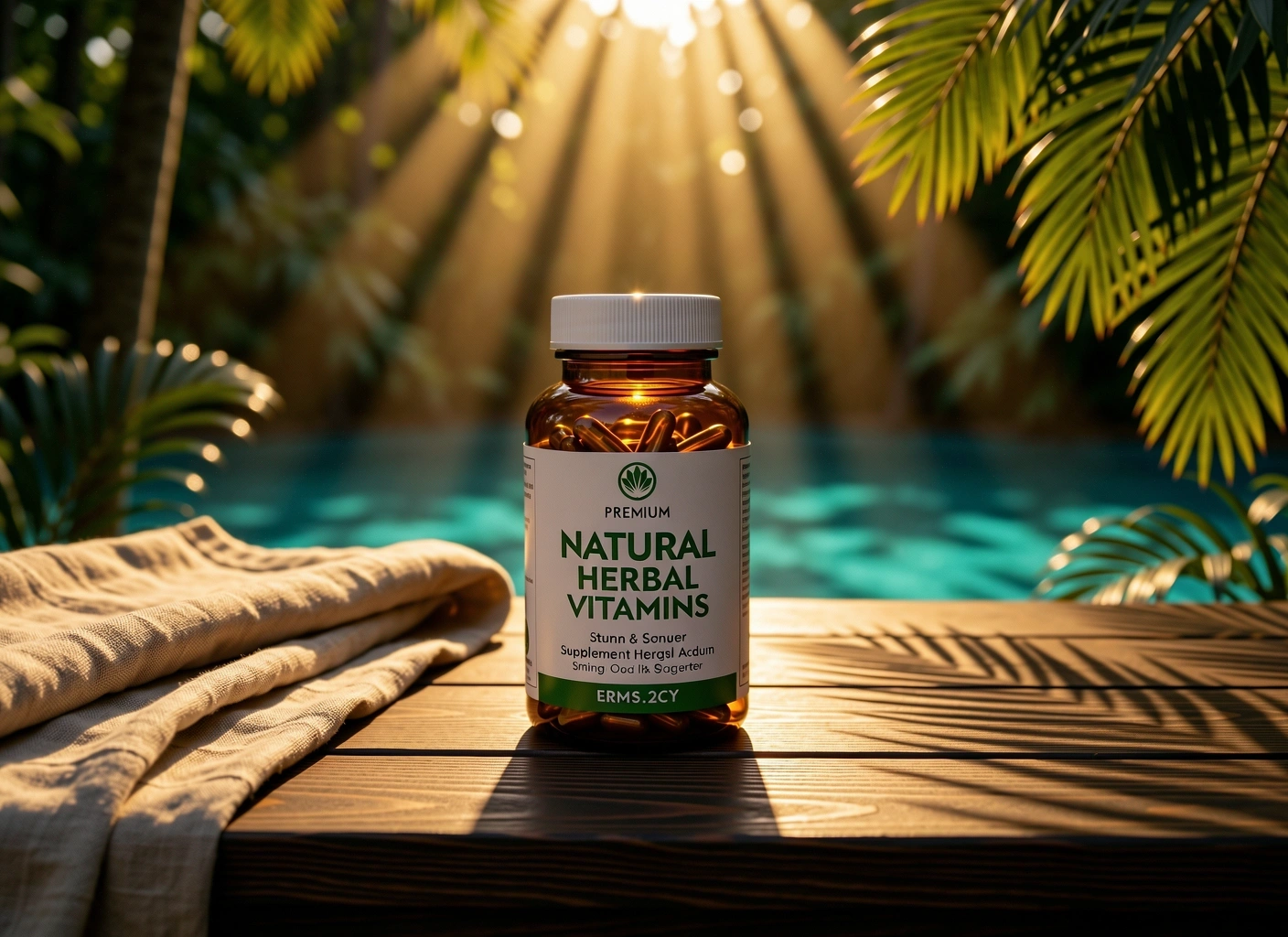 Premium natural supplement bottle on teak wood